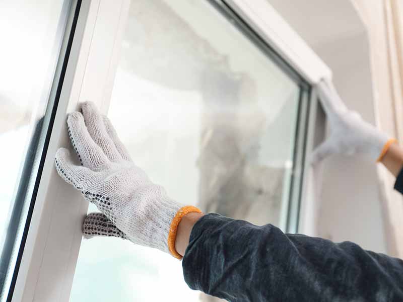 Close up of a worker with white gloves installing a new white-framed window
